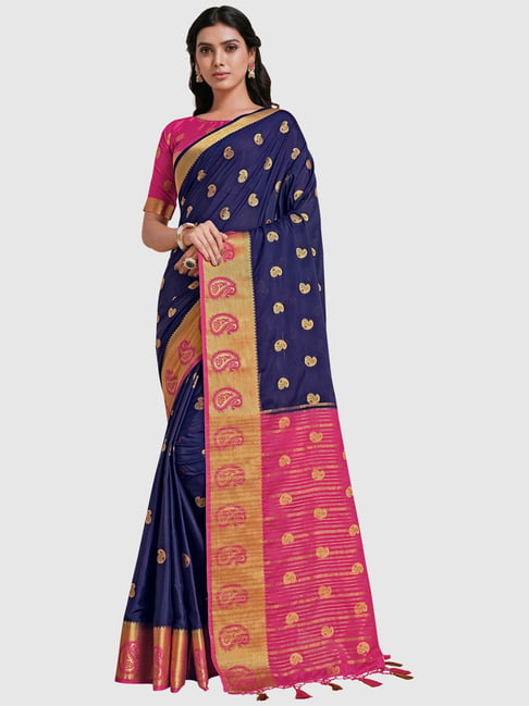 Mimosa Navy Woven Saree With Unstitched Blouse Price in India