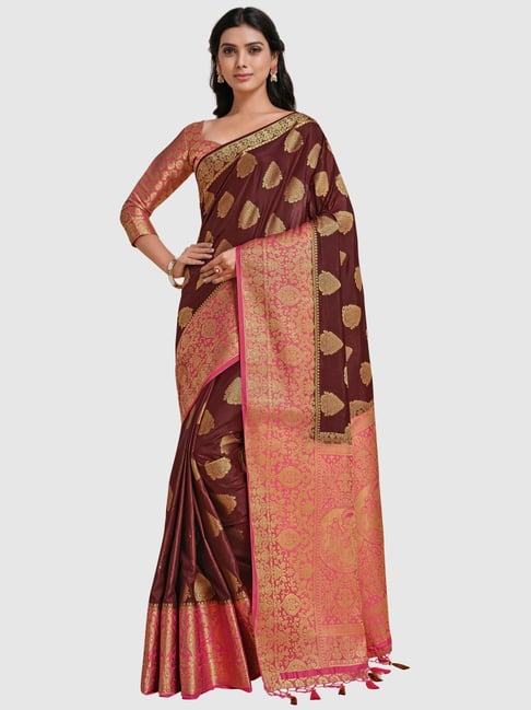 Mimosa Brown Silk Woven Saree With Unstitched Blouse Price in India