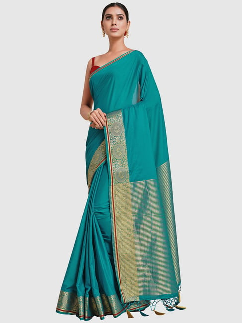 Mimosa Teal Blue Woven Saree With Unstitched Blouse Price in India