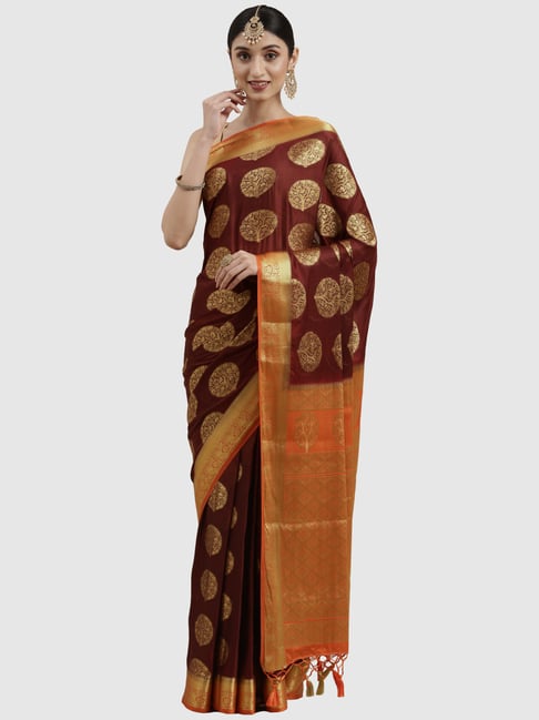 Mimosa Brown Woven Saree With Unstitched Blouse Price in India