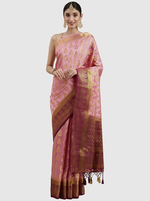 Mimosa Pink Silk Woven Saree With Unstitched Blouse Price in India