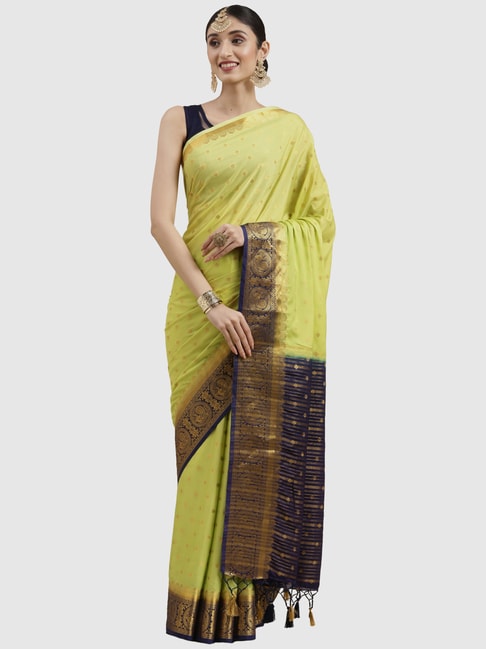Mimosa Lime Green Woven Saree With Unstitched Blouse Price in India