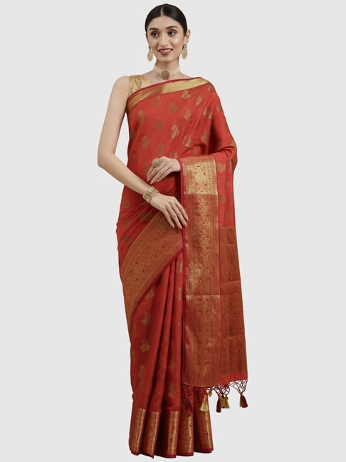 Mimosa Rust Silk Woven Saree With Unstitched Blouse Price in India