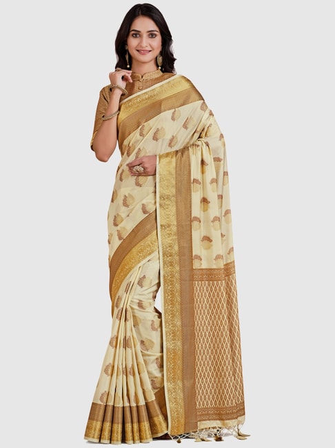 Mimosa Beige Silk Woven Saree With Unstitched Blouse Price in India