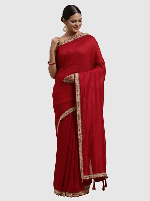 Mohey Red Silk Embroidered Saree With Unstitched Blouse-picture-20