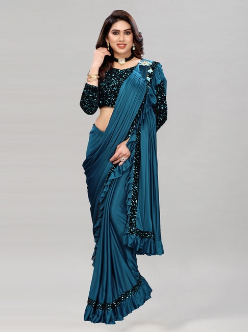 Satrani Blue Embellished Saree With Unstitched Blouse Price in India