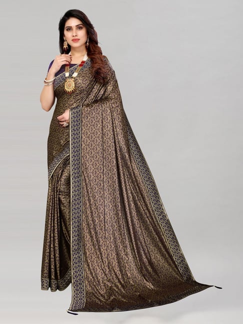 Satrani Brown Printed Saree With Unstitched Blouse Price in India