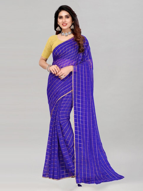 Satrani Blue Chequered Saree With Unstitched Blouse Price in India