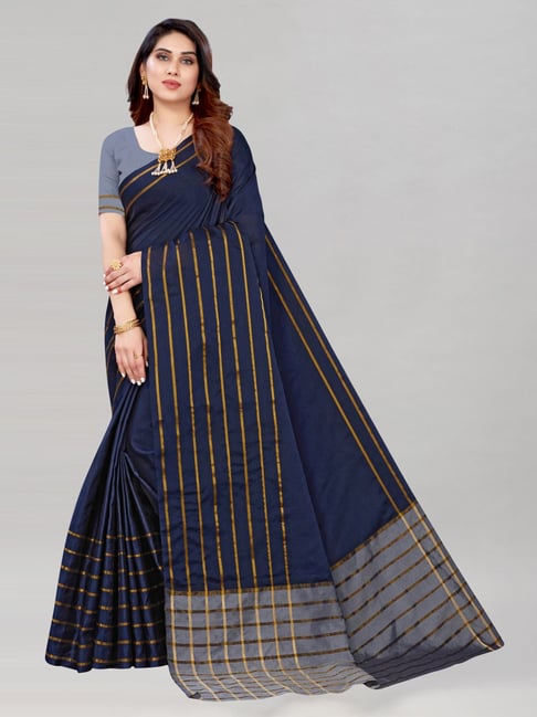 Satrani Blue Striped Saree With Unstitched Blouse Price in India
