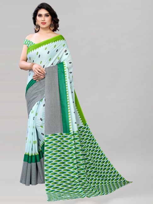 Satrani Green Cotton Printed Saree With Unstitched Blouse Price in India
