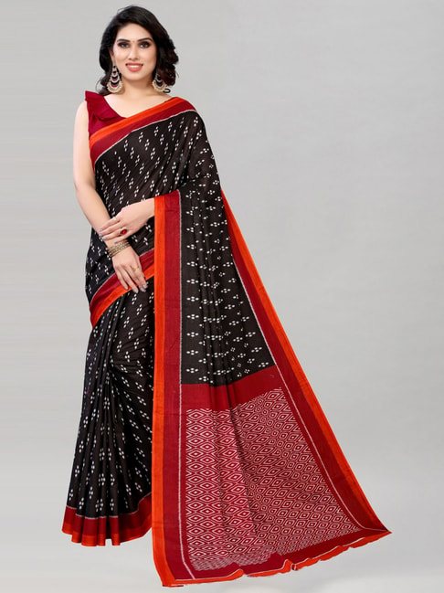Satrani White & Red Cotton Printed Saree With Unstitched Blouse Price in India