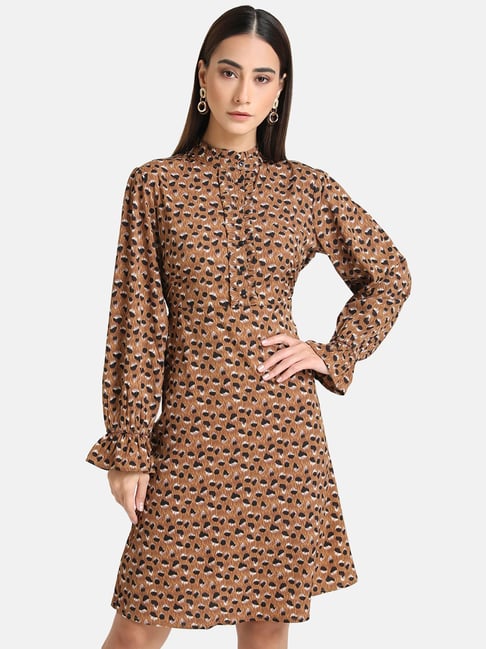 Kazo Brown Printed A-Line Dress Price in India