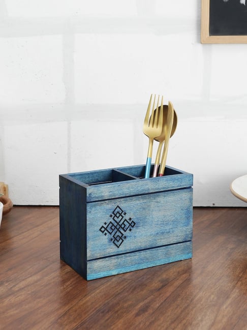 VarEesha Blue Wood Divided Spoon Holder - Set of 1