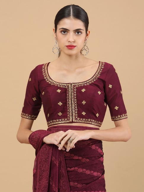 Dark Maroon Embroidered Ready-Pleated Lycra Saree In Crop Top Blouse –  paanericlothing