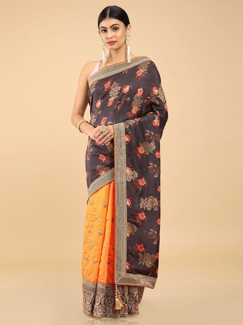 Soch Brown & Orange Embroidered Saree Price in India