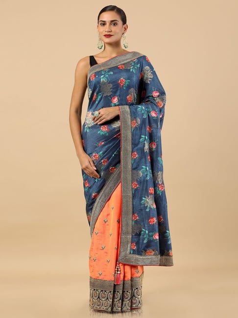 Soch Blue & Orange Embroidered Saree Price in India