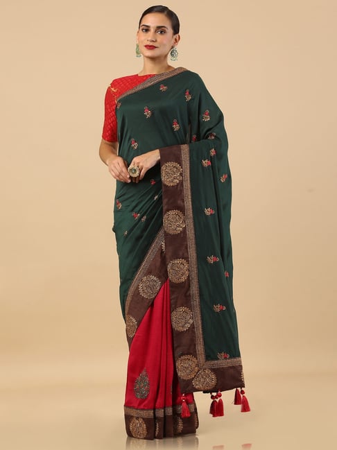 Soch Green & Red Embroidered Saree