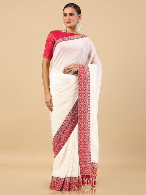 Soch White & Pink Embroidered Saree Price in India