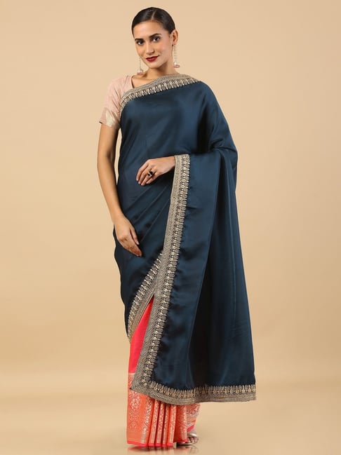 Soch Blue & Red Embroidered Saree