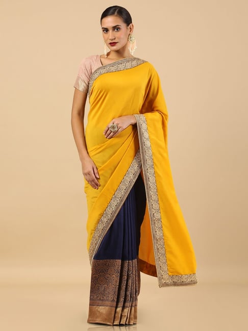 Soch Yellow & Navy Embroidered Saree Price in India
