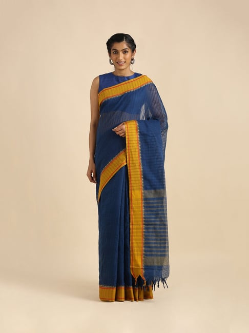 TANEIRA Dark Blue Striped Saree With Blouse Price in India
