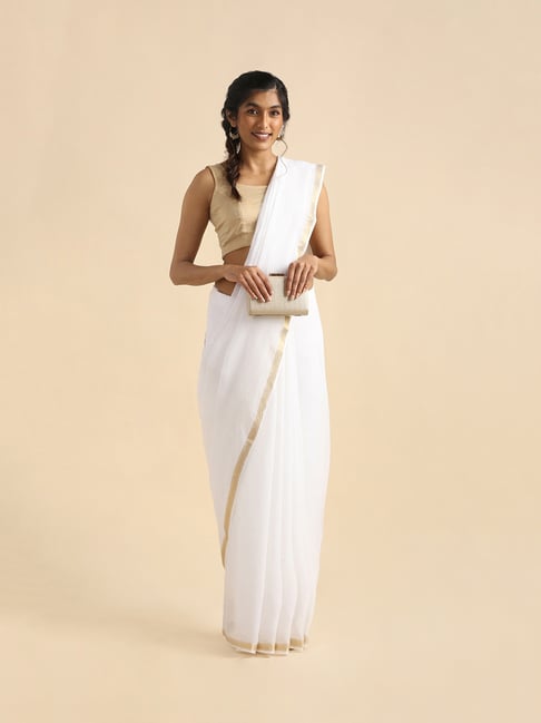 TANEIRA White Embroidered Chikankari Saree Without Blouse Price in India