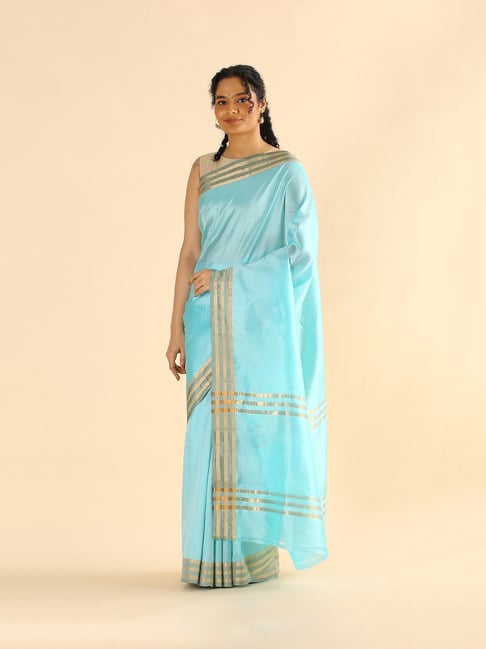 TANEIRA Light Blue Striped Saree With Blouse Price in India