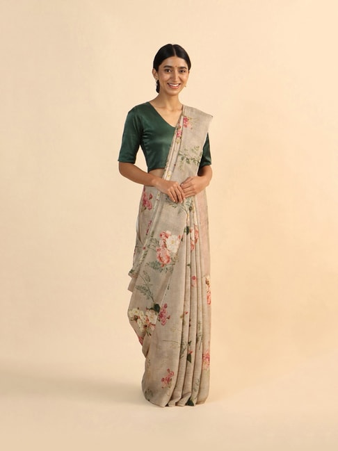 TANEIRA Beige & Green Printed Saree With Blouse Price in India