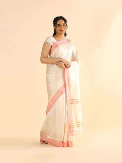 TANEIRA Cream Striped Saree With Blouse Price in India