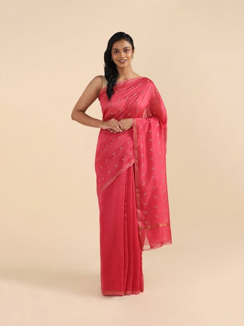 TANEIRA Red Embroidered Chanderi Saree With Blouse Price in India