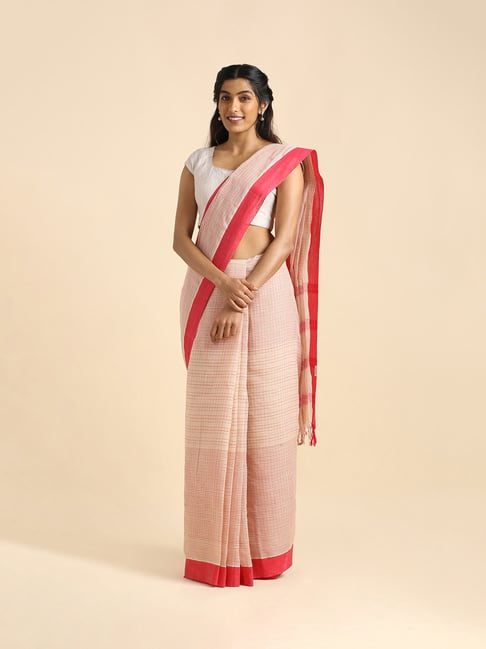 TANEIRA Cream Check Saree With Blouse Price in India