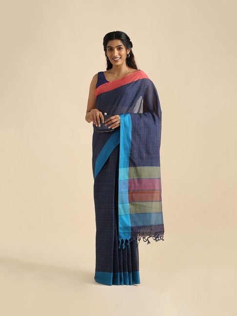 TANEIRA Navy Check Saree With Blouse Price in India