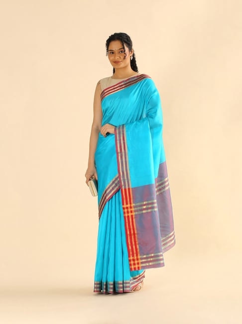 TANEIRA Blue Striped Saree With Blouse Price in India