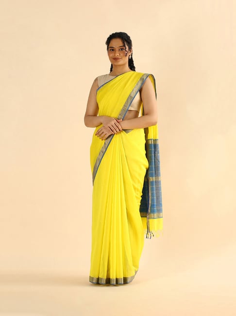 TANEIRA Yellow Striped Saree With Blouse Price in India