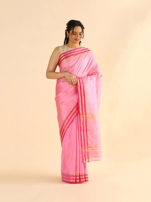 TANEIRA Pink Striped Saree Without Blouse Price in India