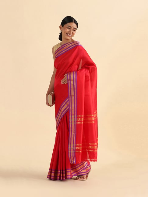 TANEIRA Red Striped Saree Without Blouse Price in India