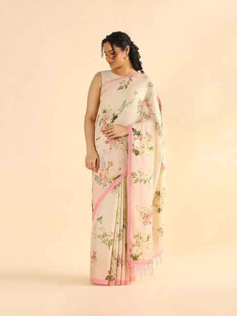 TANEIRA Cream Printed Saree With Blouse Price in India