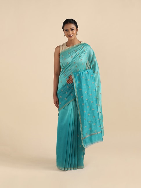 TANEIRA Blue Embroidered Saree With Blouse Price in India