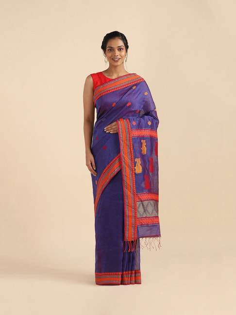 TANEIRA Dark Blue Textured Saree With Blouse Price in India