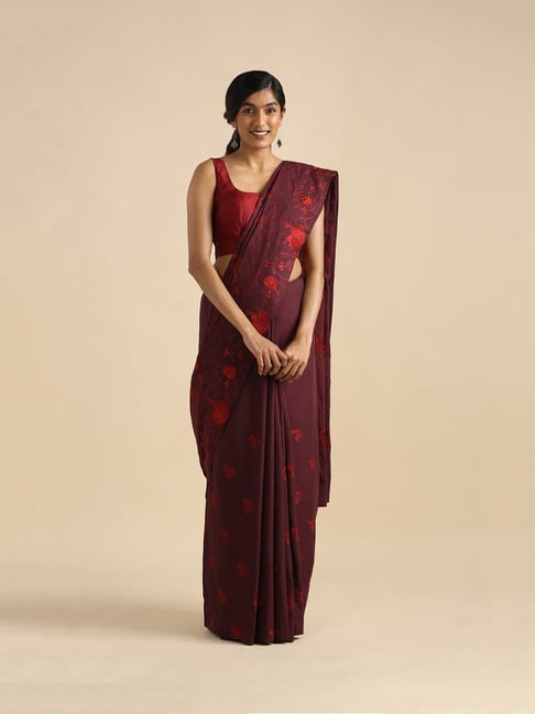 TANEIRA Maroon Embroidered Saree With Blouse Price in India