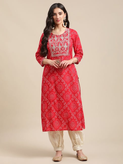 KSUT Red Cotton Embroidered Straight Kurta Price in India