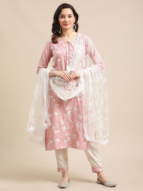 KSUT Pink & White Embroidered Kurta Pant Set With Dupatta Price in India