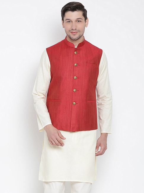 VASTRAMAY Maroon Straight Fit Self Pattern Nehru Jacket