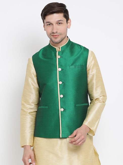 VASTRAMAY Green Straight Fit Nehru Jacket