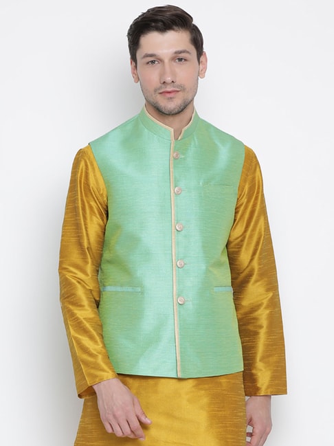 VASTRAMAY Mint Straight Fit Self Pattern Nehru Jacket