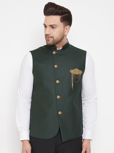 VASTRAMAY Green Cotton Straight Fit Nehru Jacket
