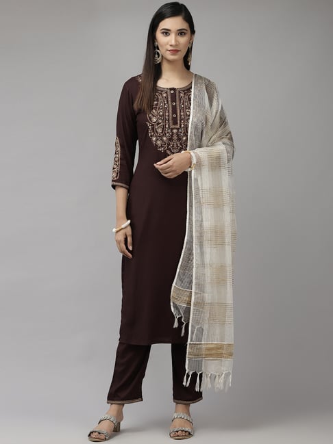 Yufta Brown Embroidered Kurta Pant Set With Dupatta Price in India