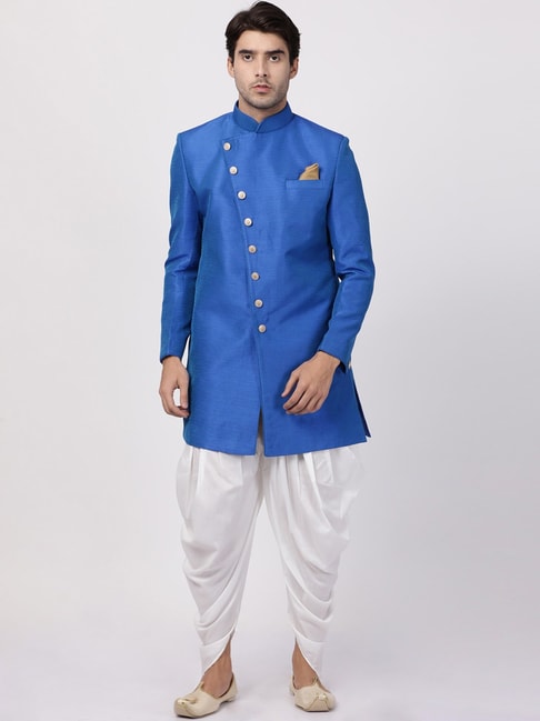 VASTRAMAY Royal Blue Straight Fit Striped Sherwani Set
