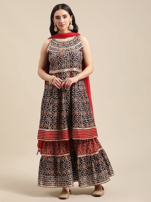 KSUT Navy Cotton Printed Kurta Sharara Set With Dupatta Price in India