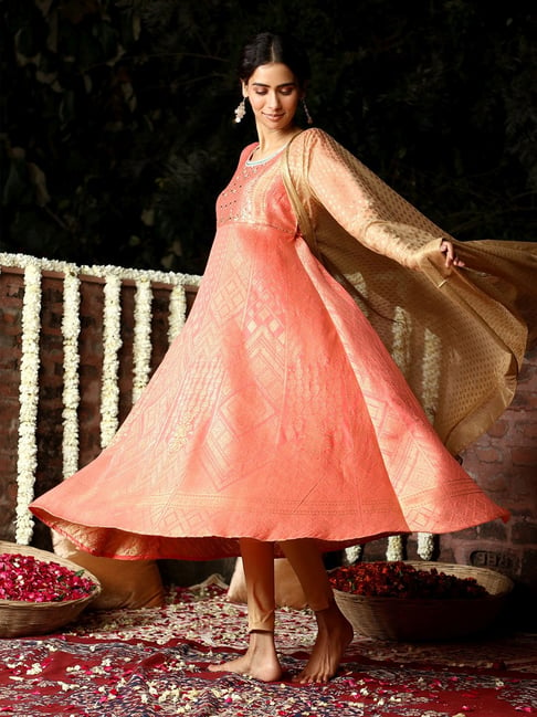 Aurelia Peach Embellished A-Line Dress With Dupatta Price in India